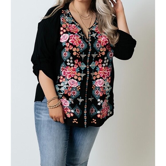 Savanna Jane S Women Top Floral Top Shirt Blouse Embroidered Roll Tab Sleeve T3 - Picture 1 of 12